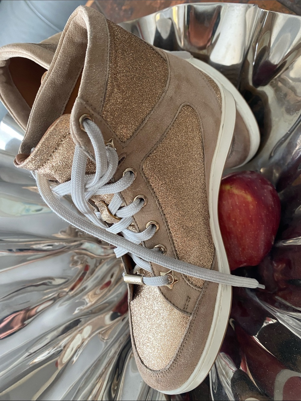 Jimmy Choo Beige and Gold Glitter High-Top Sneakers